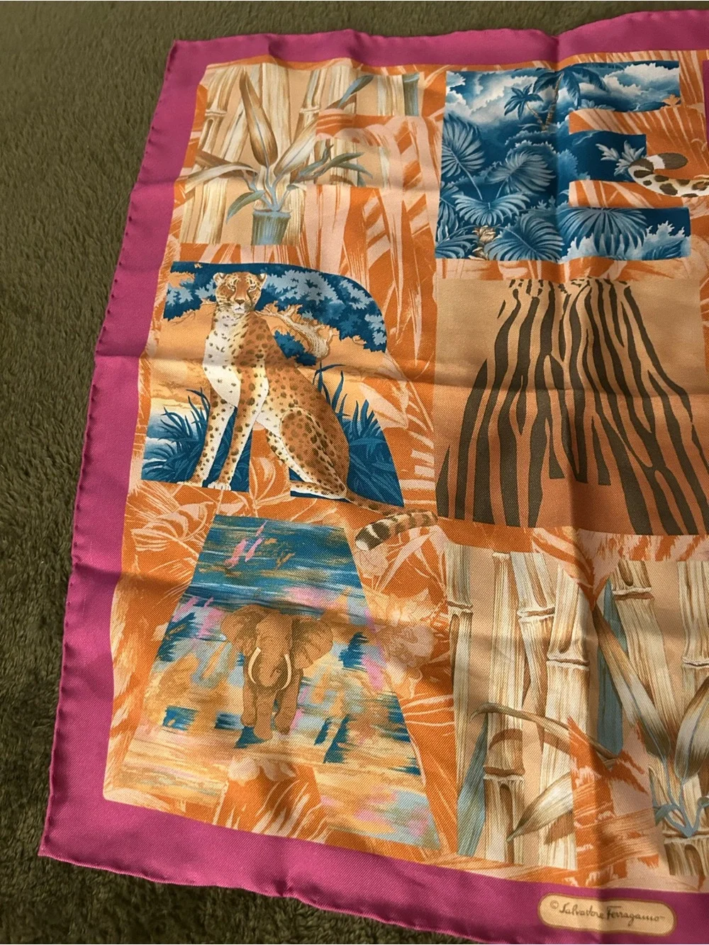 Salvatore Ferragamo Silk Animal Print Square Scarf Pink Border 16x16